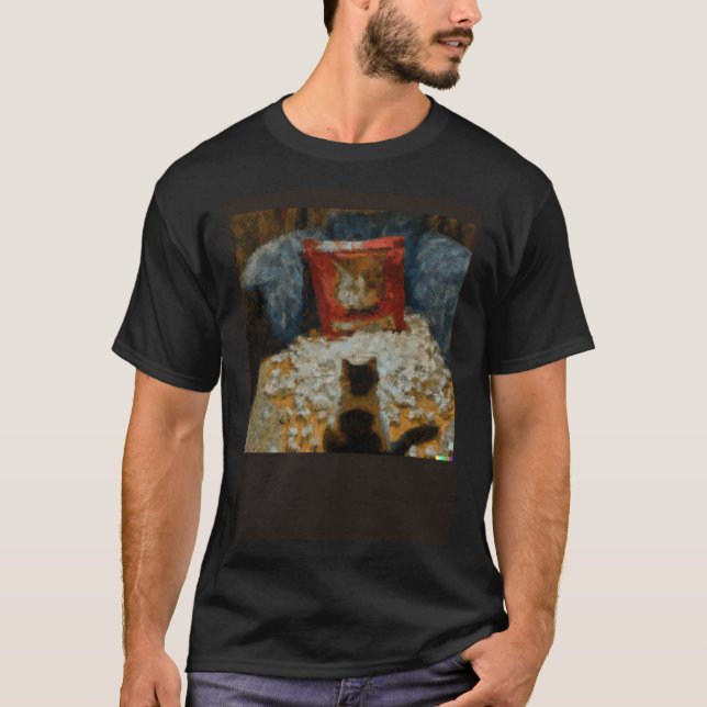 Camiseta Impressionista de IA Gato Comendo Pipoca (Frente)