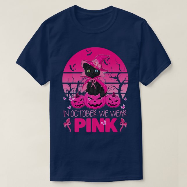 Camiseta In October We Wear Pink Cute Cat Halloween Breast  (Frente do Design)