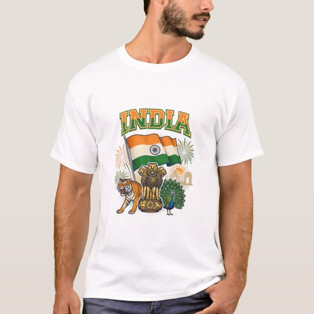 Camiseta India Patriotic Flag and National Symbols Celebrat (Frente)