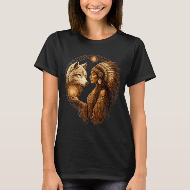 Camiseta Indian Native American Woman With White Wolf Vinta (Frente)