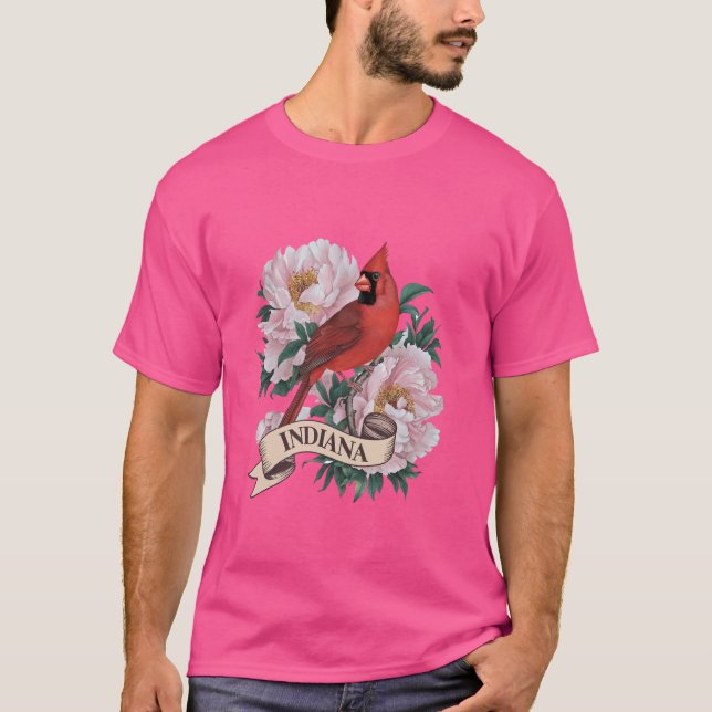 Camiseta Indiana Norte Cardinal Bird e Peony Flower (Frente)
