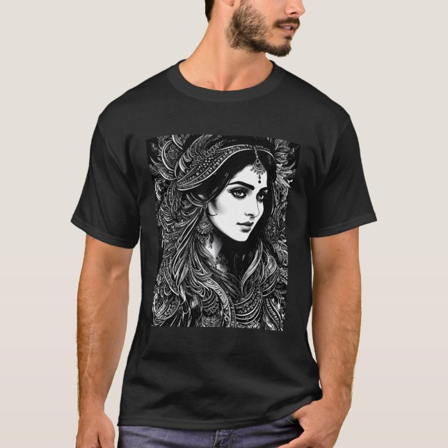 Camiseta Índio Preto E Branco Com Padrão Floral (Frente)