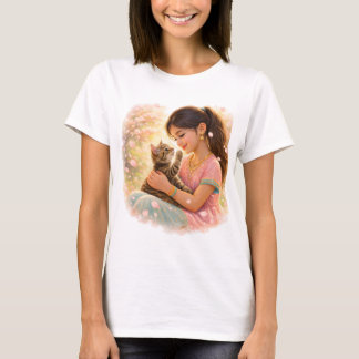Camiseta Indischer Frühling - Mädchen mit Kätzchen im Garte