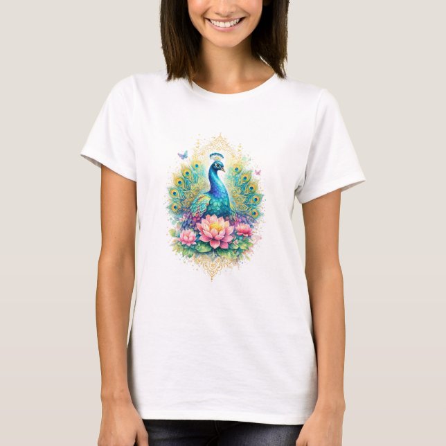 Camiseta Indischer Frühling - Pfau mit Lotus & Gold (Frente)