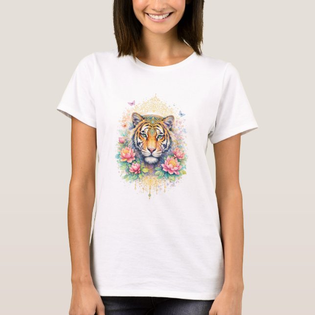 Camiseta Indischer Frühling - Tiger mit Lotus & Gold (Frente)