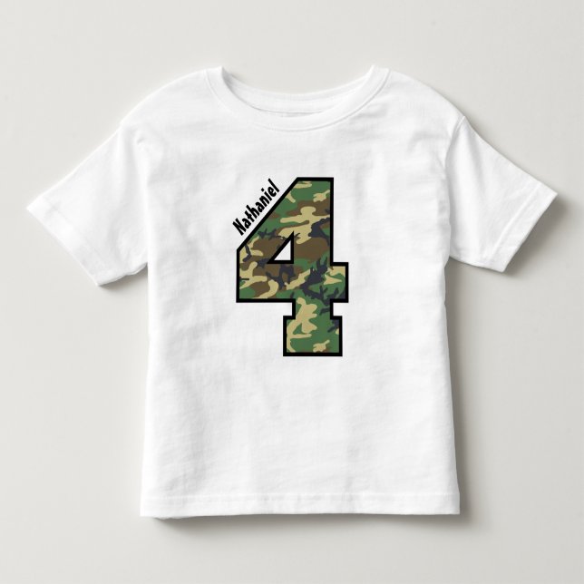 Camiseta Infantil 4.º Aniversário, Garoto Camo, 4 anos, Nome Persona (Frente)