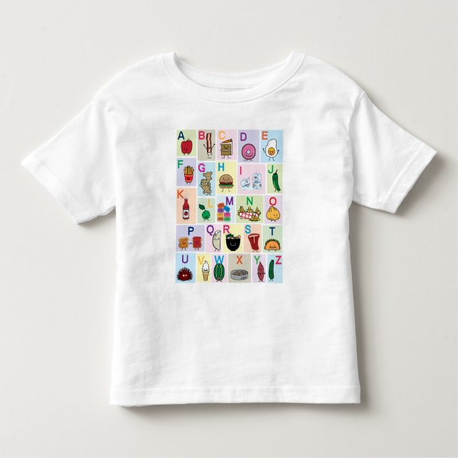 Camiseta Infantil ABC Alfabeto aprendendo cartas comidas felizes apr (Frente)