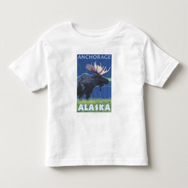 Camiseta Infantil Alces na noite - Anchorage, Alaska (Frente)