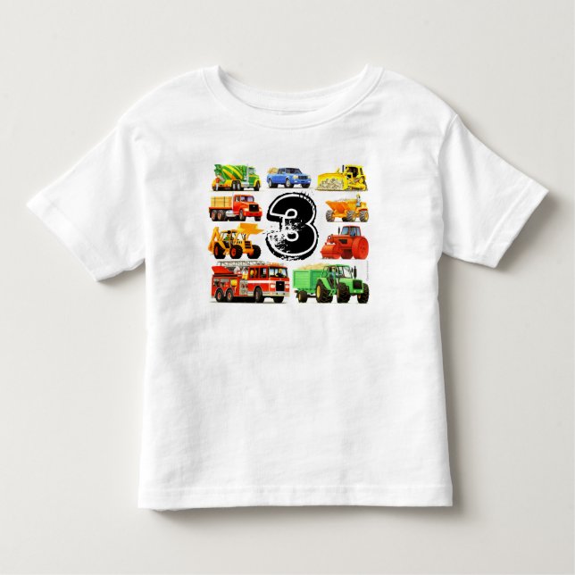 Camiseta Infantil Aniversário de 3 anos de Caminhões de Construção d (Frente)