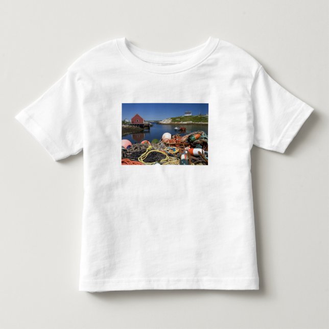 Camiseta Infantil Armadilhas de lagosta, boias e cordas no cais em (Frente)