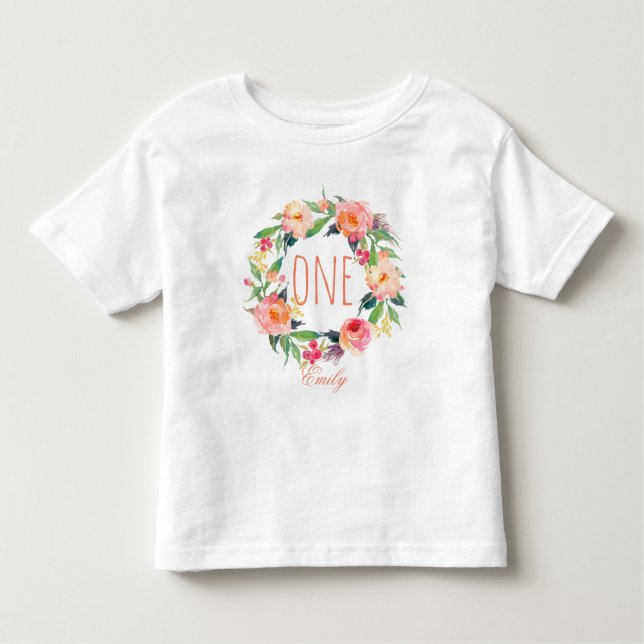 Camiseta Infantil Bebê de Aniversário de Um Ano Floral Wreath-2 (Frente)