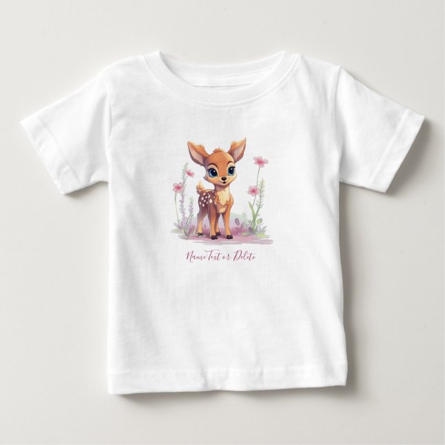 Camiseta Infantil Bebê Veado Aquarela Flores Rosa (Frente)