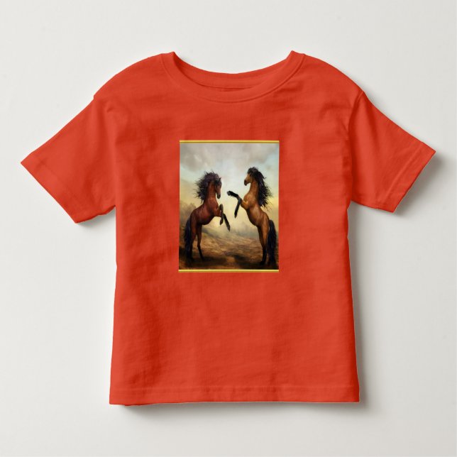 Camiseta Infantil Cavalos Frísia Rascunhos em um vale de montanha ro (Frente)
