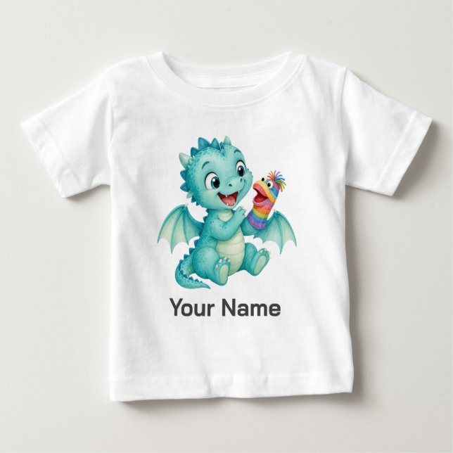 Camiseta Infantil com Fantoche de Dragão Bebê Nome (Frente)
