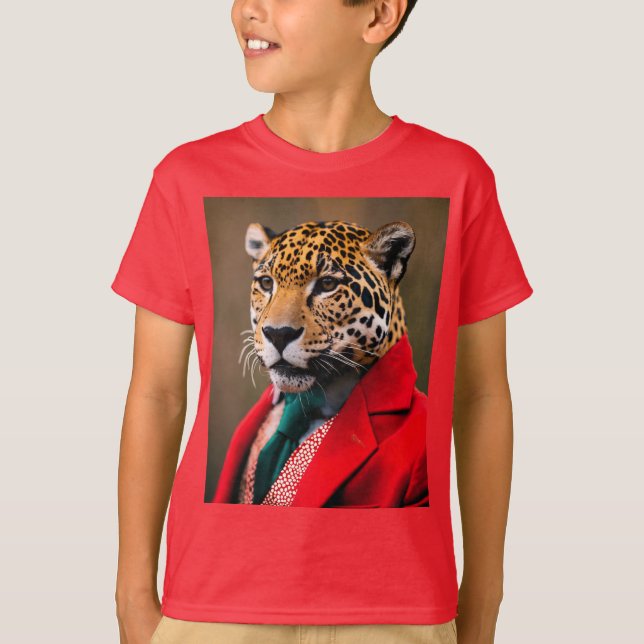 Camiseta infantil com feliz jaguar num terno verme (Frente)