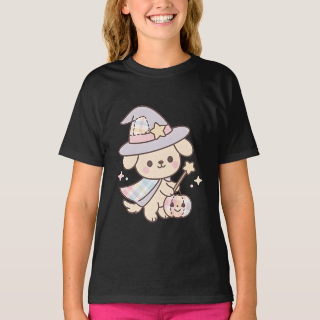 Camiseta Infantil de Bruxa Cachorrinho Pastel | Fo (Frente)