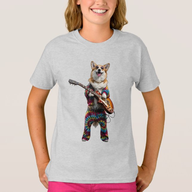 Camiseta Infantil de Corgi Fofinho e Astro do Rock (Frente)