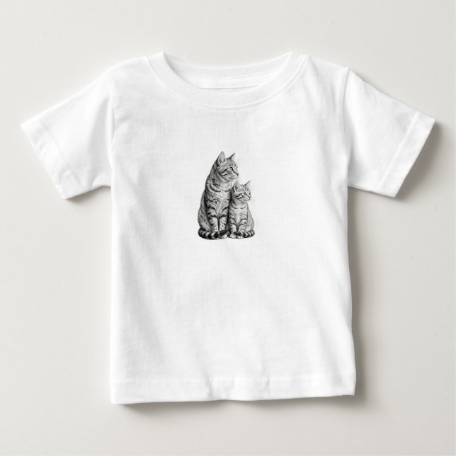 Camiseta Infantil de Esboço de Gato e Gatinho Fofo (Frente)