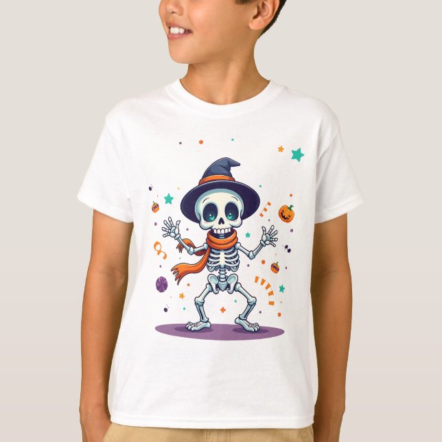 Camiseta Infantil de Esqueleto Dançando no Hallowe (Frente)