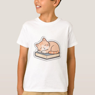 Camiseta Infantil de Gato Fofo Dormindo sobre Livr
