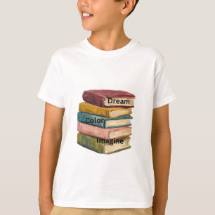 Camiseta infantil de livros empilhados "Sonhar, Co