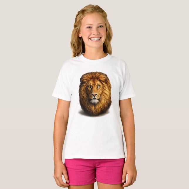 Camiseta Infantil de Manga Curta com Rosto de Leão (Frente Completa)