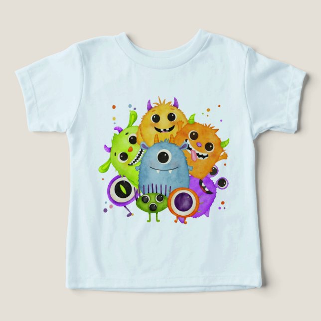 Camiseta Infantil de Monstros Fofos em Aquarela (Design frontal)