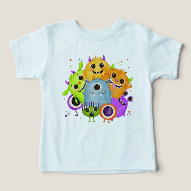 Camiseta Infantil de Monstros Fofos em Aquarela (Design frontal)