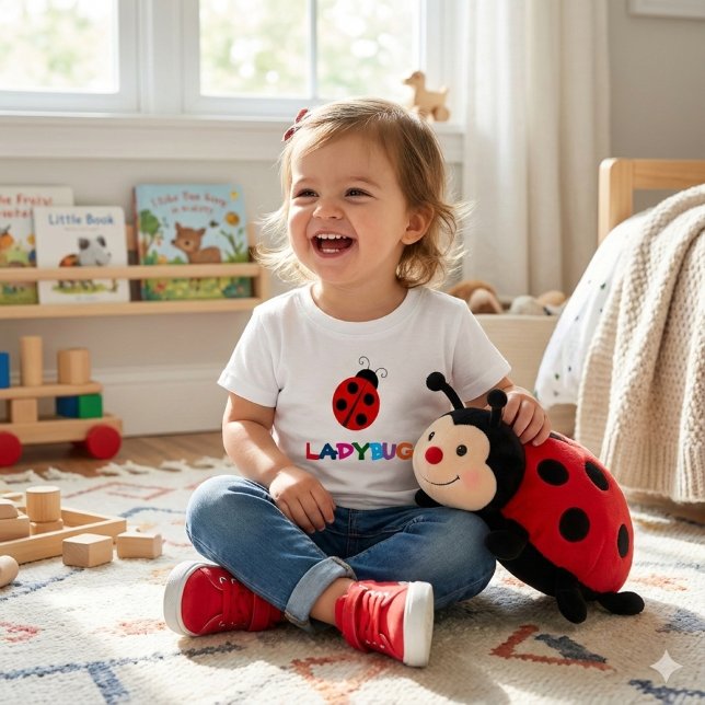 Camiseta Infantil Diversão de Verão da Joaninha Fo (Happy toddler girl wearing cute ladybug t-shirt.)