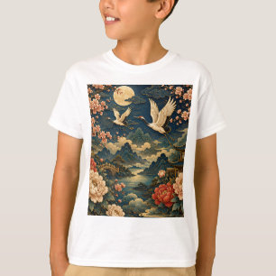 Camiseta Infantil Elegante Paisagem Lunar Grou Jap