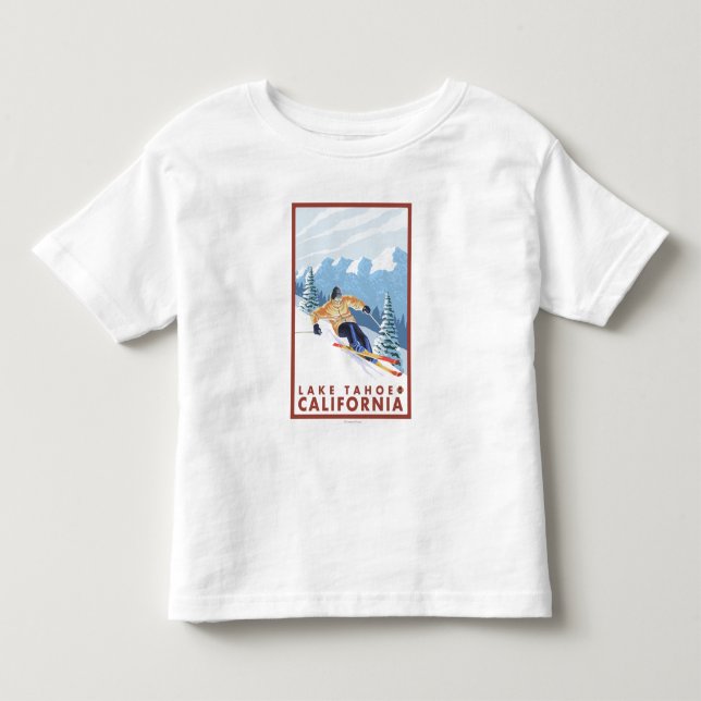 Camiseta Infantil Esquiador da neve de Downhhill - Lake Tahoe, (Frente)