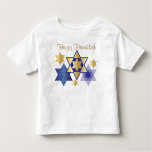 Camiseta Infantil Estrelas Douradas e Azuis de David Happy Hanukkah