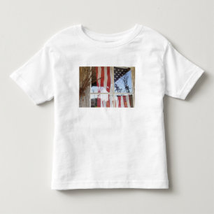 Camiseta Infantil EUA, Oregon, Shaniko. Bandeira na janela ao lado