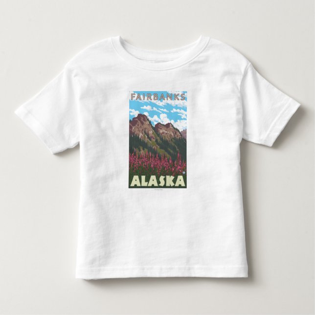 Camiseta Infantil Fireweed & montanhas - Fairbanks, Alaska (Frente)