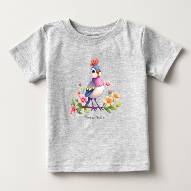 Camiseta Infantil Floral de Pássaro Azul Rosa Fofa (Frente)