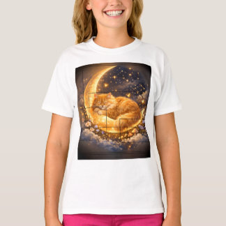 Camiseta Infantil Gato Adormecido na Lua Crescente