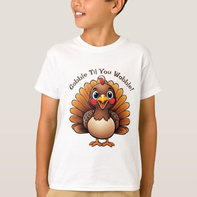 Camiseta Infantil "Gobble Til You Wobble" com Peru (Frente)