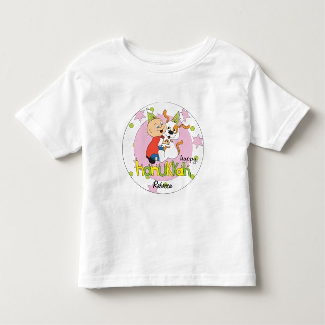 Camiseta Infantil Hanukkah Toddler T-shirt/Cachorro/Verde/Rosa (Frente)