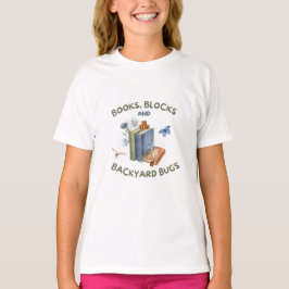 Camiseta infantil Livros, Blocos e Bugs no Quintal