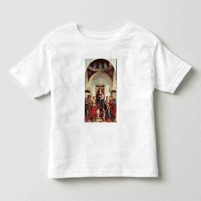 Camiseta Infantil Madonna e criança com santos (Frente)