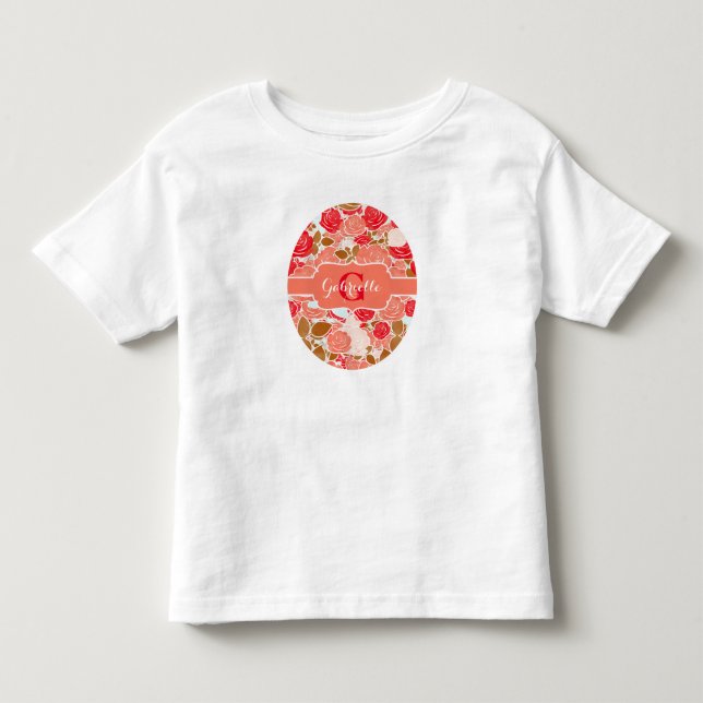 Camiseta Infantil Peach e Rosas de Aquarela Dourada Monograma Floral (Frente)