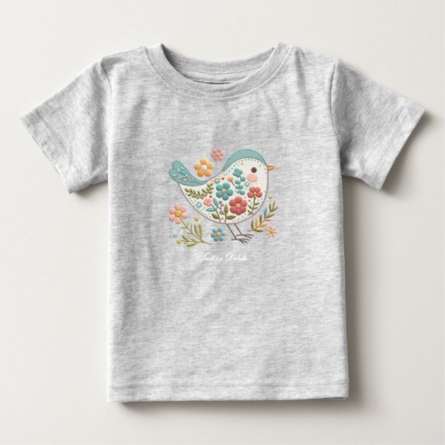 Camiseta Infantil Pequeno Pássaro Flores Azuis e R (Frente)