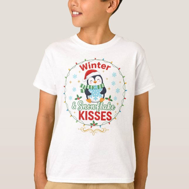 Camiseta Infantil Pinguim Beijos de Floco de Neve  (Frente)