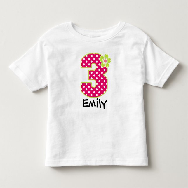 Camiseta Infantil Pontos Rosa Quente e Verde aniversário de 3 anos (Frente)