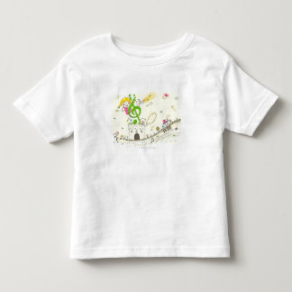 Camiseta Infantil Rapariga tocando com notas musicais em casa