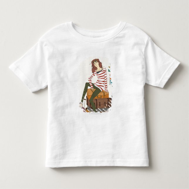 Camiseta Infantil Retrato da jovem sentada na mala (Frente)