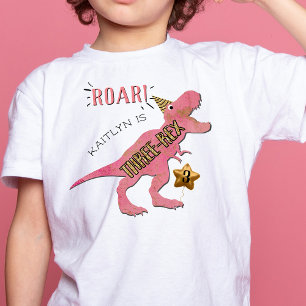 Camiseta Infantil Três-Rex Dinossauro 3º Aniversár
