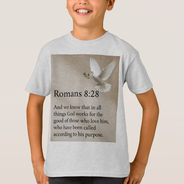 Camiseta Infantil Versículo da Bíblia Romanos 8:28 (Frente)