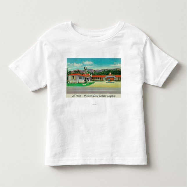 Camiseta Infantil Vista exterior do motel do golfe, Montecito (Frente)