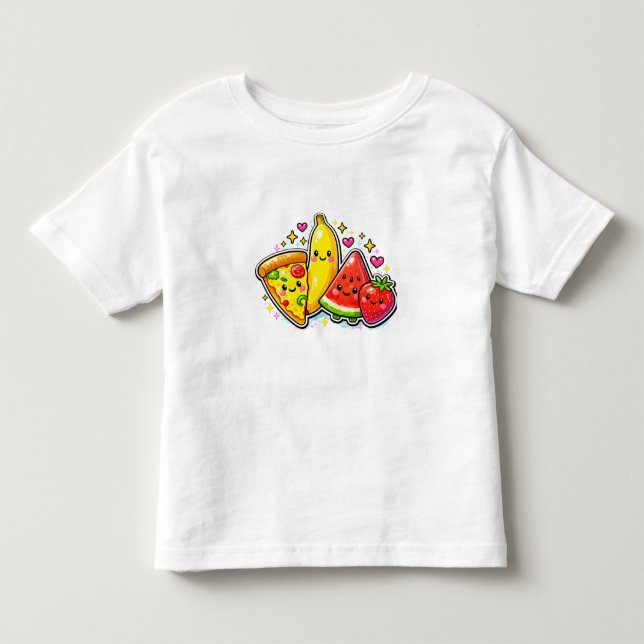 Camiseta Infantil Y2K de Frutas e Pizza Fofas (Frente)